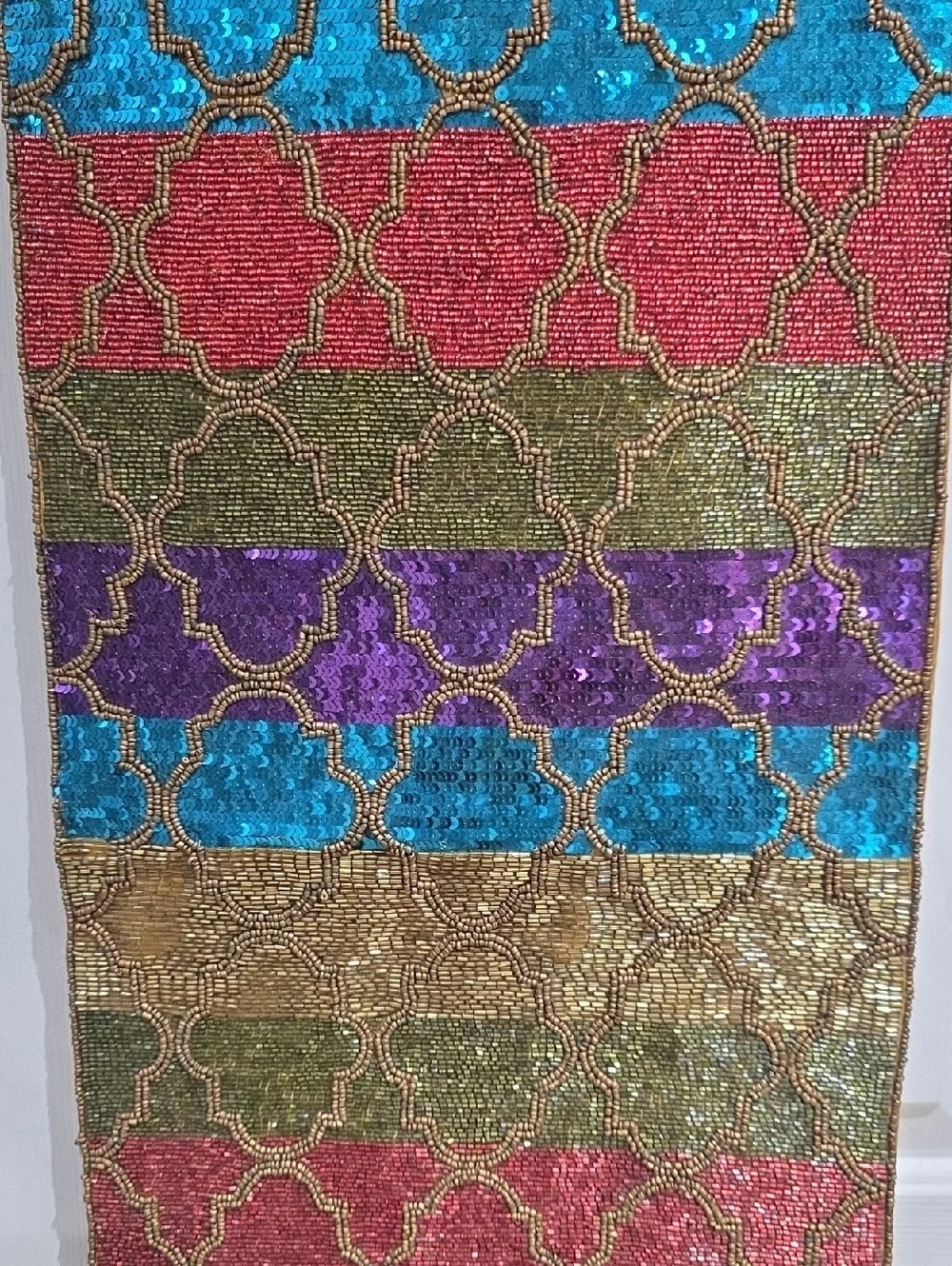 Pier 1 Striped Multicolor Sequin Table Runner with Gold Bead Lattice